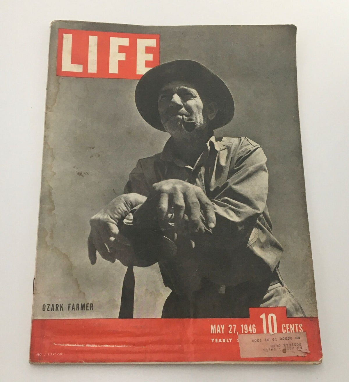 Vintage Life Magazine May 27 1946 Ozark Farmer Cover featuring a farmer with a pipe in a classic black and white photo, showcasing the significance of agriculture in post-WWII America.