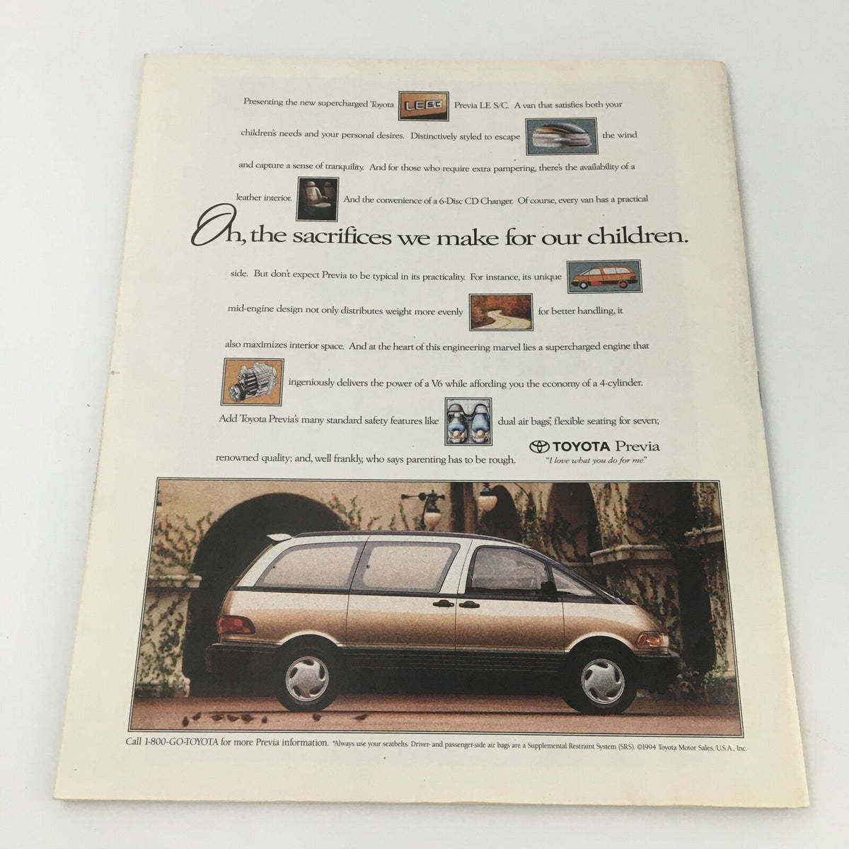 Back cover of Life Magazine August 1994 titled 'Life Magazine August 1994 Exclusive Portfolio Woodstock Remembered Joni Mitchell' displaying an advertisement for the Toyota Previa.