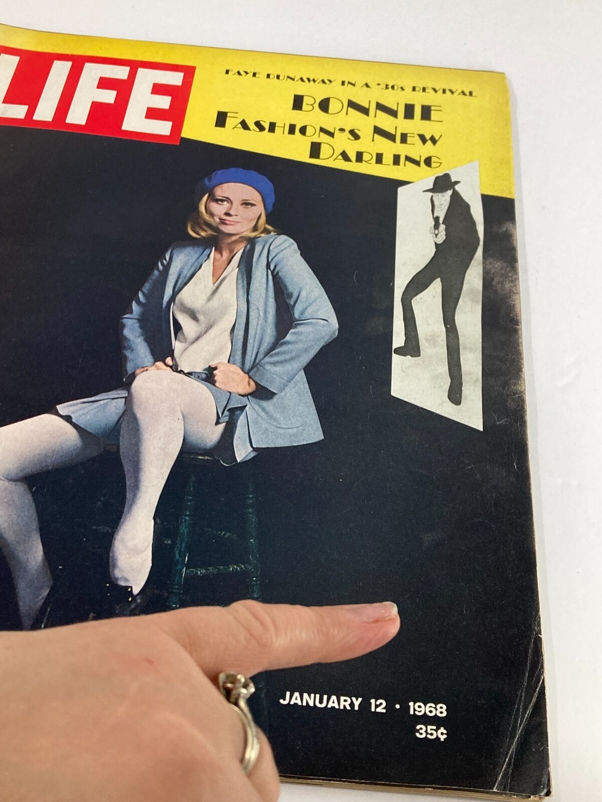 Close-up of VTG Life Magazine January 12 1968 cover featuring Faye Dunaway, highlighting the iconic fashion and design elements.
