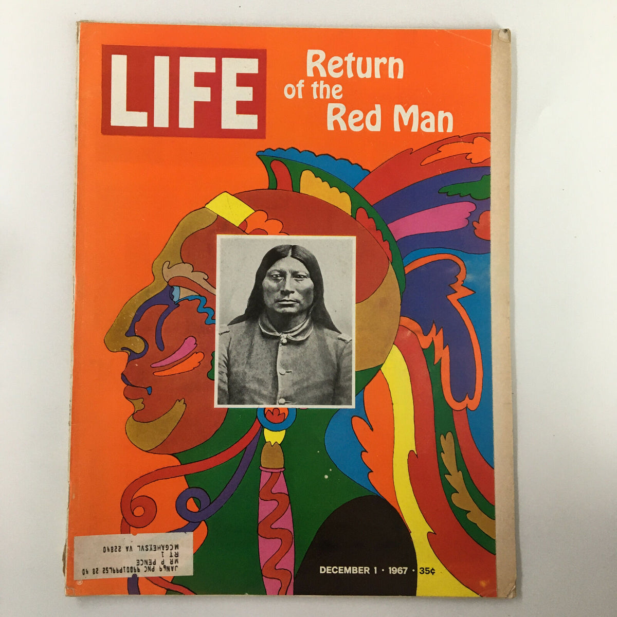 Cover of VTG Life Magazine dated December 1, 1967, featuring the title 'Return of the Red Man' with vibrant artwork and a historical portrait.