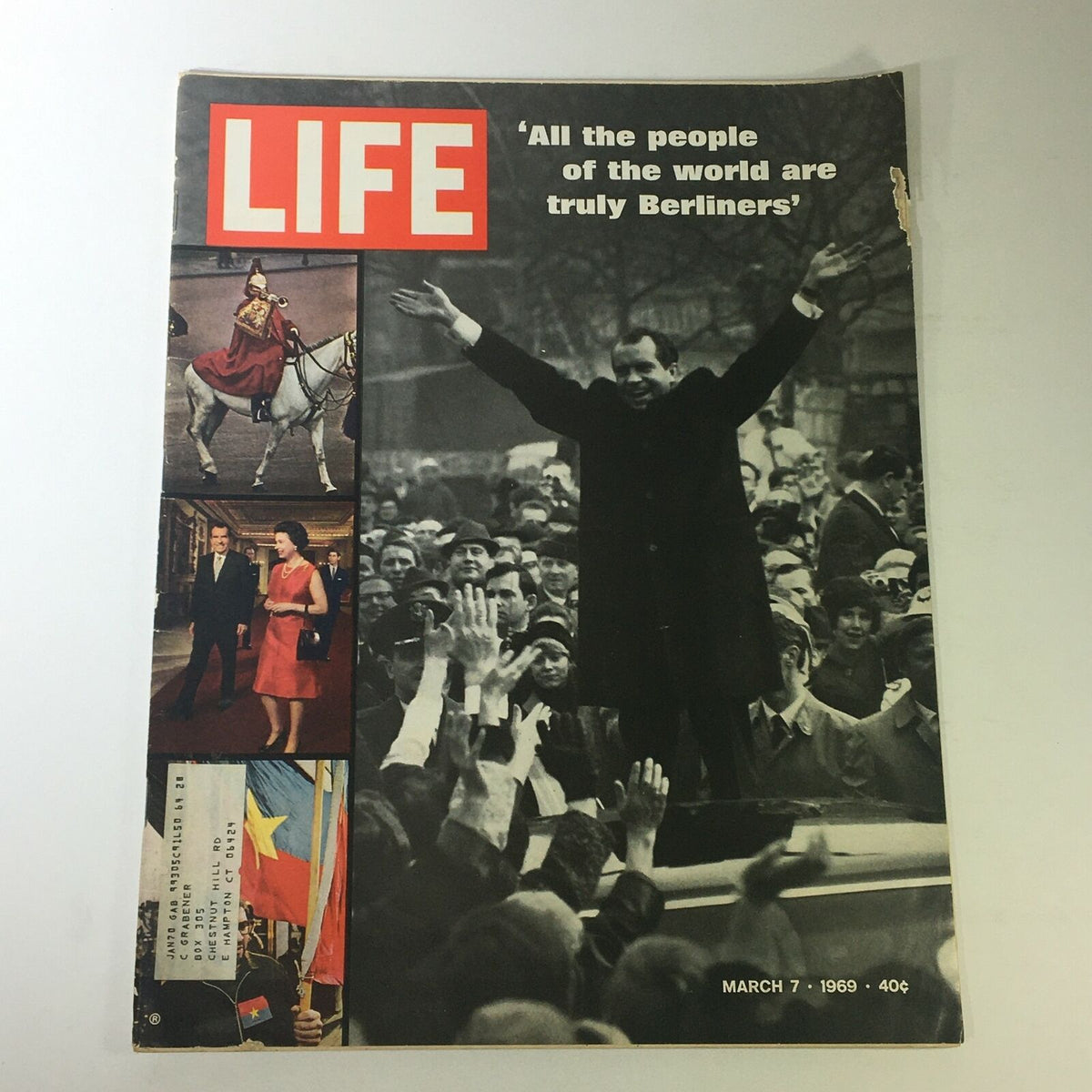 Vintage Life Magazine Cover from March 7, 1969, featuring Richard Nixon in Berlin, Germany, with the headline 'All the people of the world are truly Berliners', showcasing a pivotal moment in political history.