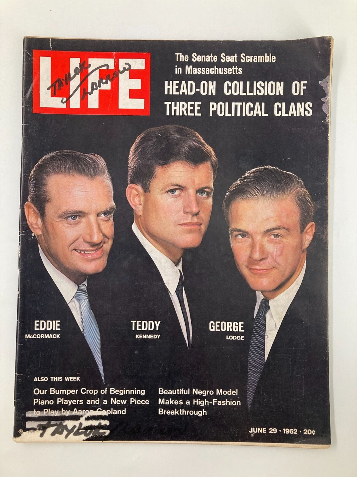 Vintage Life Magazine cover from June 29, 1962, featuring Eddie McCormack, Teddy Kennedy, and George Lodge, highlighting their political significance.