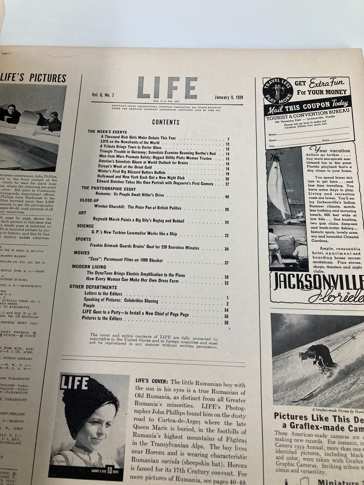 Life Magazine January 9 1939 Featuring Portrait of Romanian Boy - Vintage Collectible