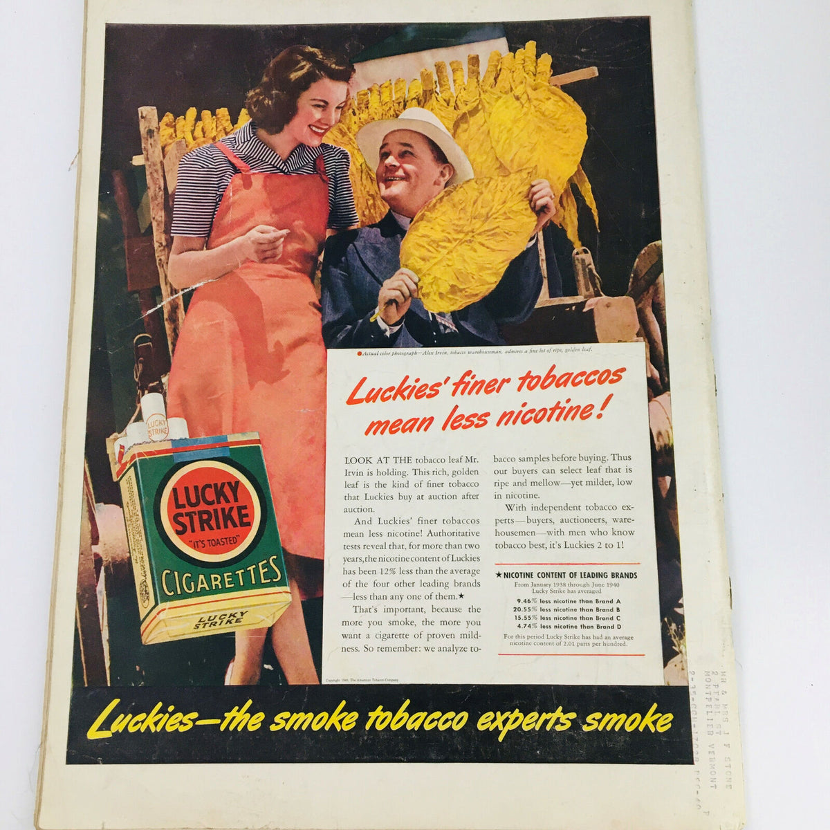 Back cover of VTG Life Magazine October 14 1940 with an advertisement for Lucky Strike cigarettes featuring a woman and a tobacco farmer.