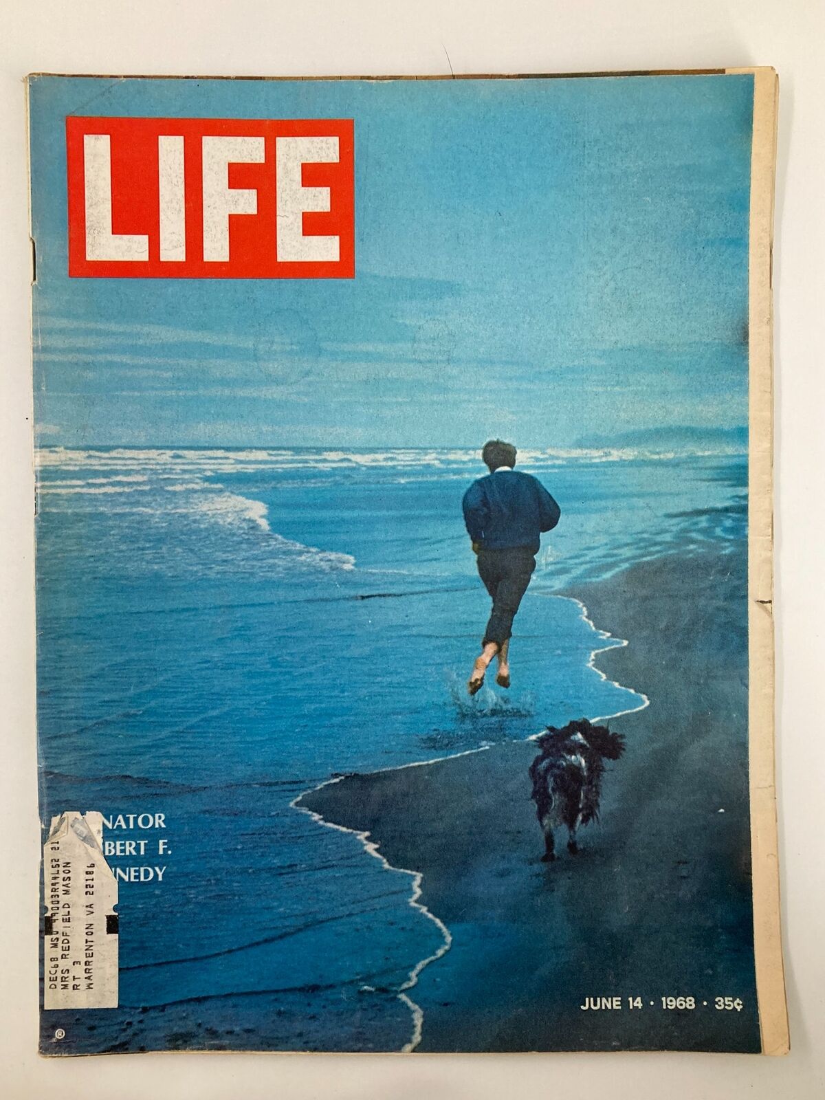 VTG Life Magazine June 14 1968 featuring Senator Robert F. Kennedy walking by the shore with a dog, showcasing a serene beach scene.