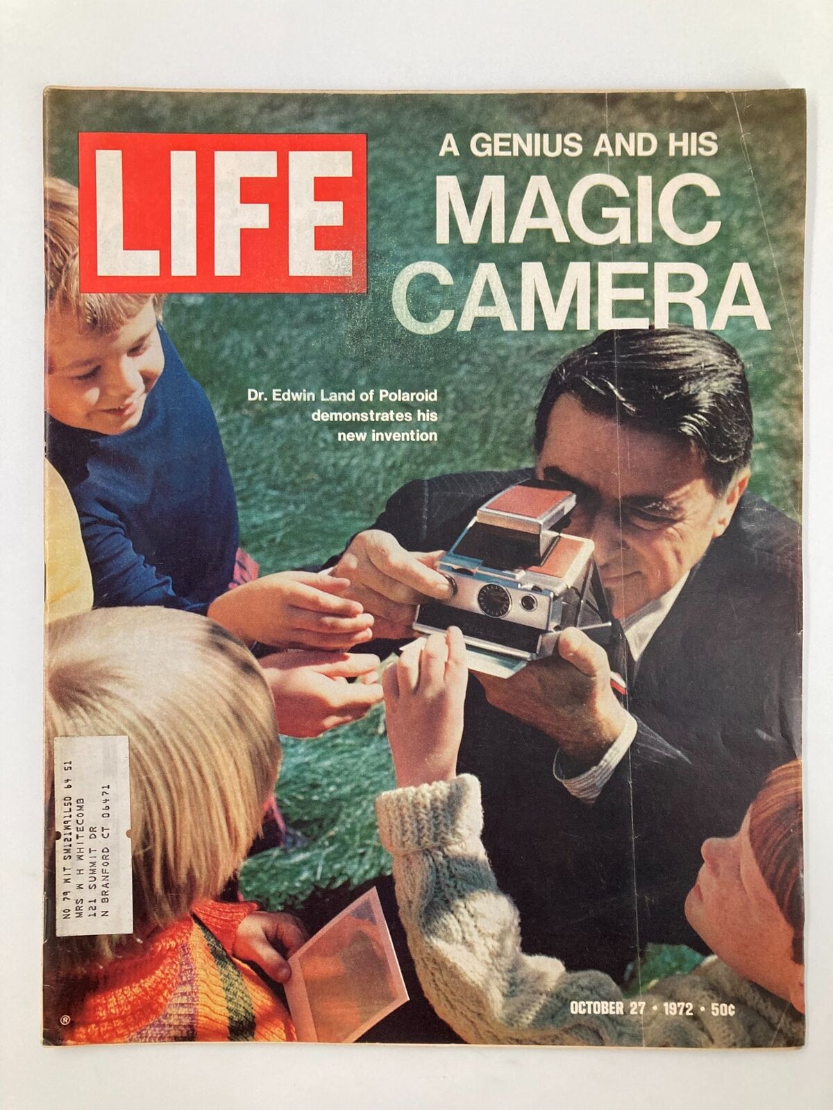 Cover of VTG Life Magazine October 27 1972 featuring Dr. Edwin and His Magic Camera, showcasing children and adults engaged with a Polaroid camera.