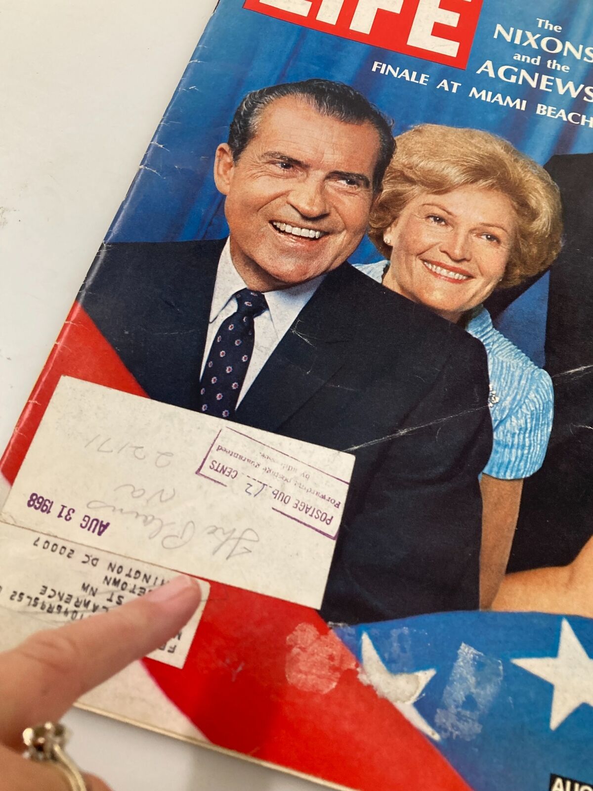 Close-up view of the Vintage Life Magazine August 16 1968 cover highlighting the Nixons and the Agnews, with visible wear and postage label.