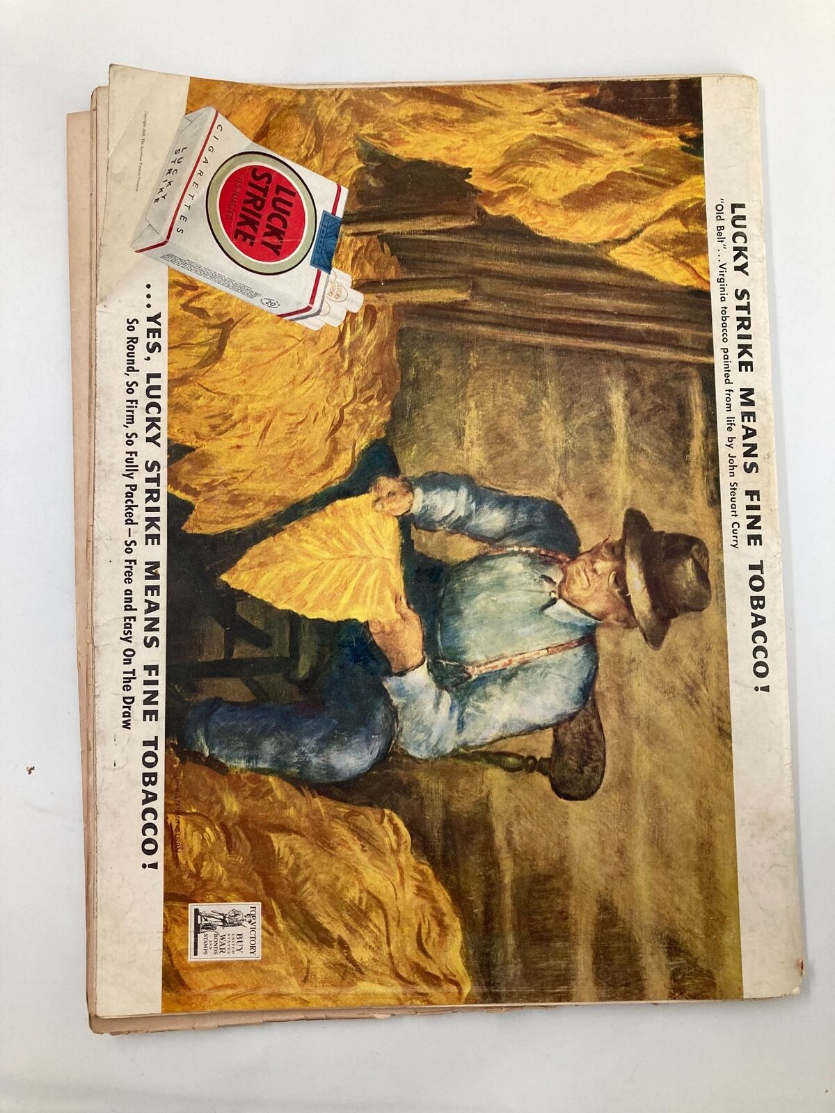 Back cover of VTG Life Magazine May 24 1943 displaying a vintage advertisement for Lucky Strike cigarettes with an illustration of a farmer and tobacco leaves.