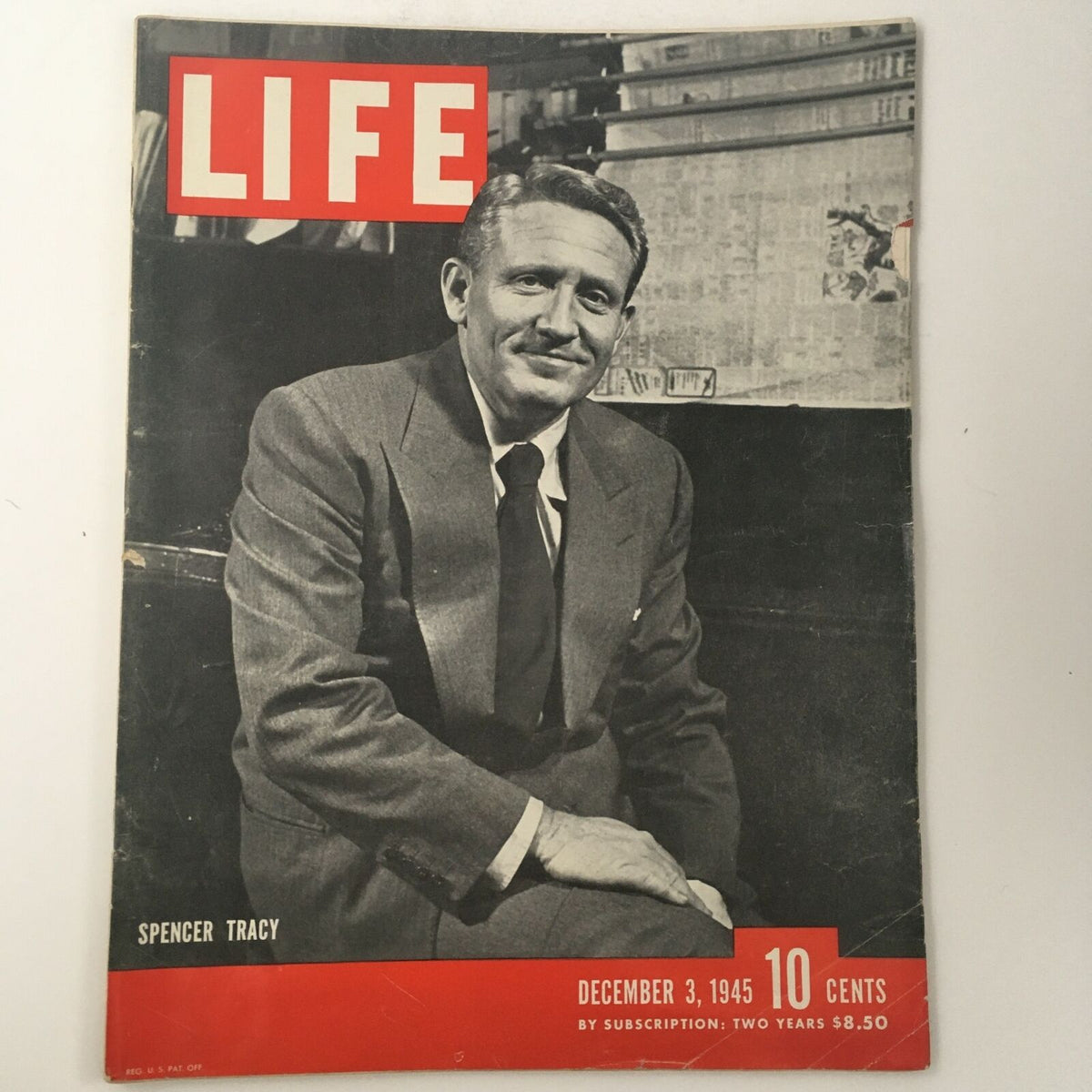 Life Magazine cover featuring American actor Spencer Tracy, dated December 3, 1945. The cover showcases Tracy in a suit, emphasizing his legacy in cinema and the cultural backdrop of post-war America.