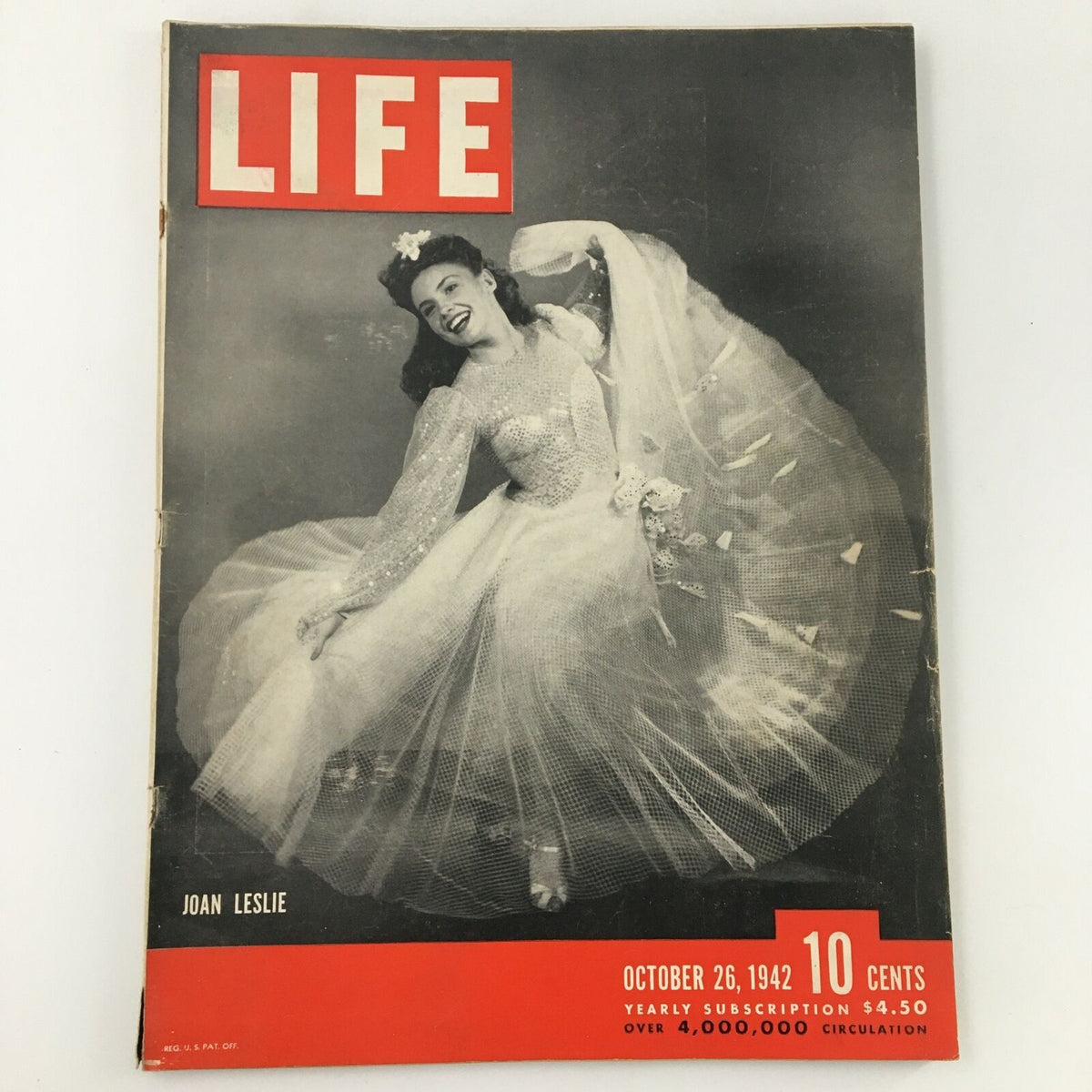 Cover of VTG Life Magazine from October 26, 1942, featuring American actress Joan Leslie, showcasing vintage glamour and a historical glimpse into Hollywood.