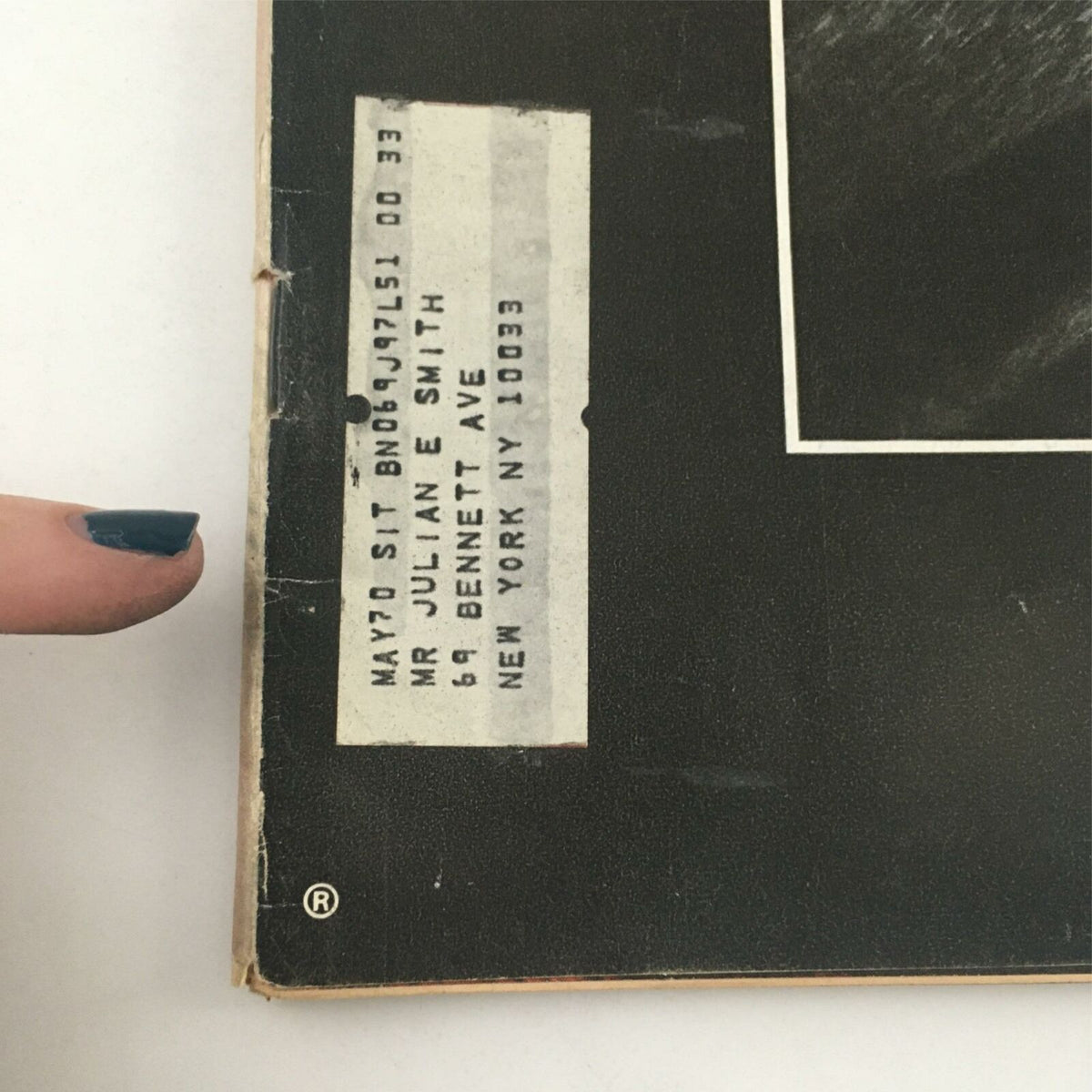 Detail of the address label on the back of VTG Life Magazine from December 6, 1968, indicating the magazine's previous ownership and history.