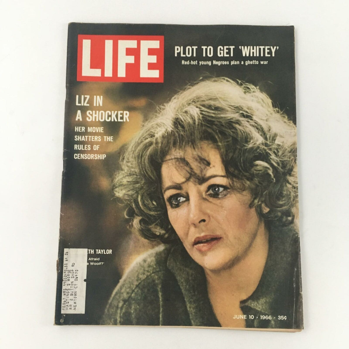 Vintage Life Magazine from June 10, 1966 featuring Elizabeth Taylor on the cover, highlighting her role in a movie that challenges censorship. The magazine displays the title 'LIZ IN A SHOCKER' with an image of Elizabeth Taylor expressing emotion.