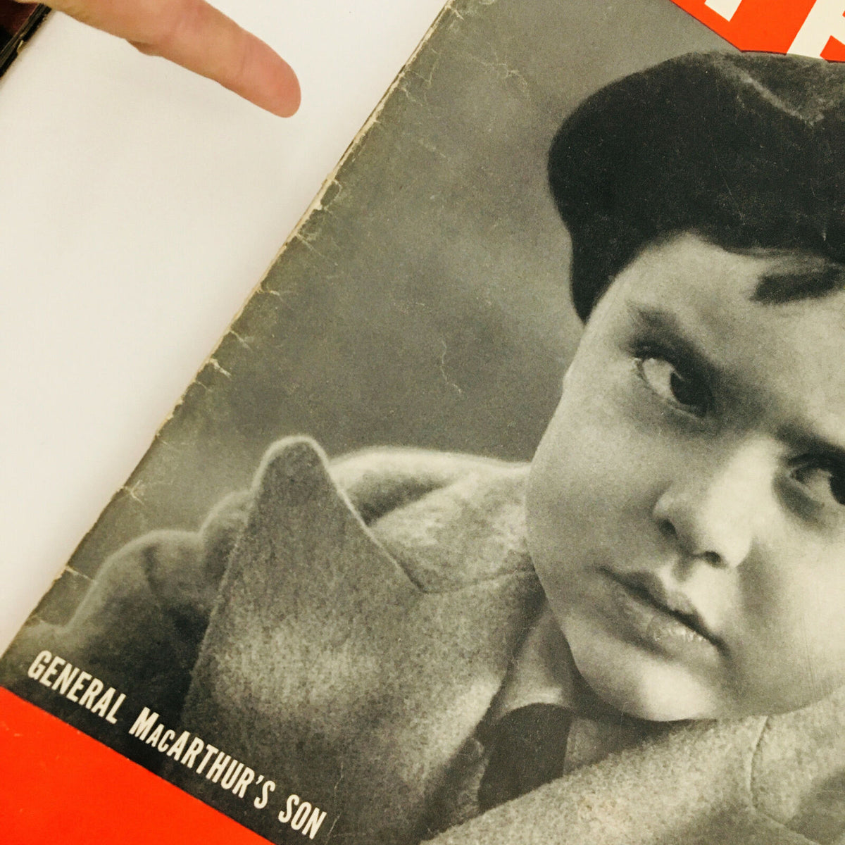 VTG Life Magazine August 3 1942 Photo of General MacArthur's Son, highlighting the cover which focuses on the boy's serious demeanor and partial view of the magazine's spine, emphasizing its collectible nature.