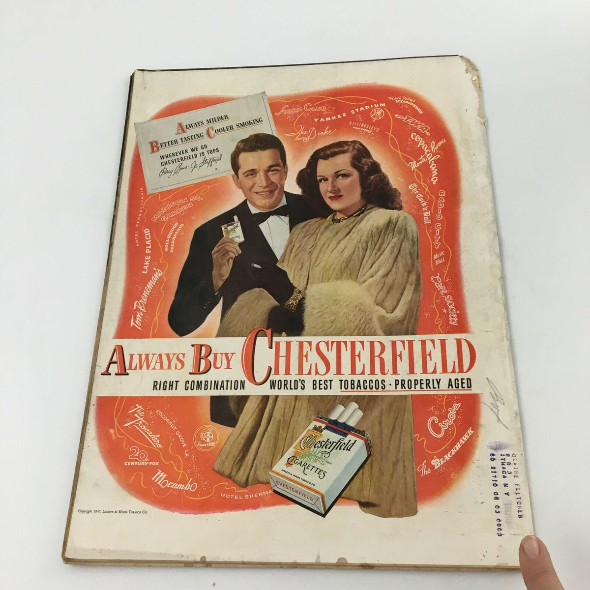 Back cover of the VTG Life Magazine December 30, 1946, displaying an advertisement for Chesterfield cigarettes with a vintage design.