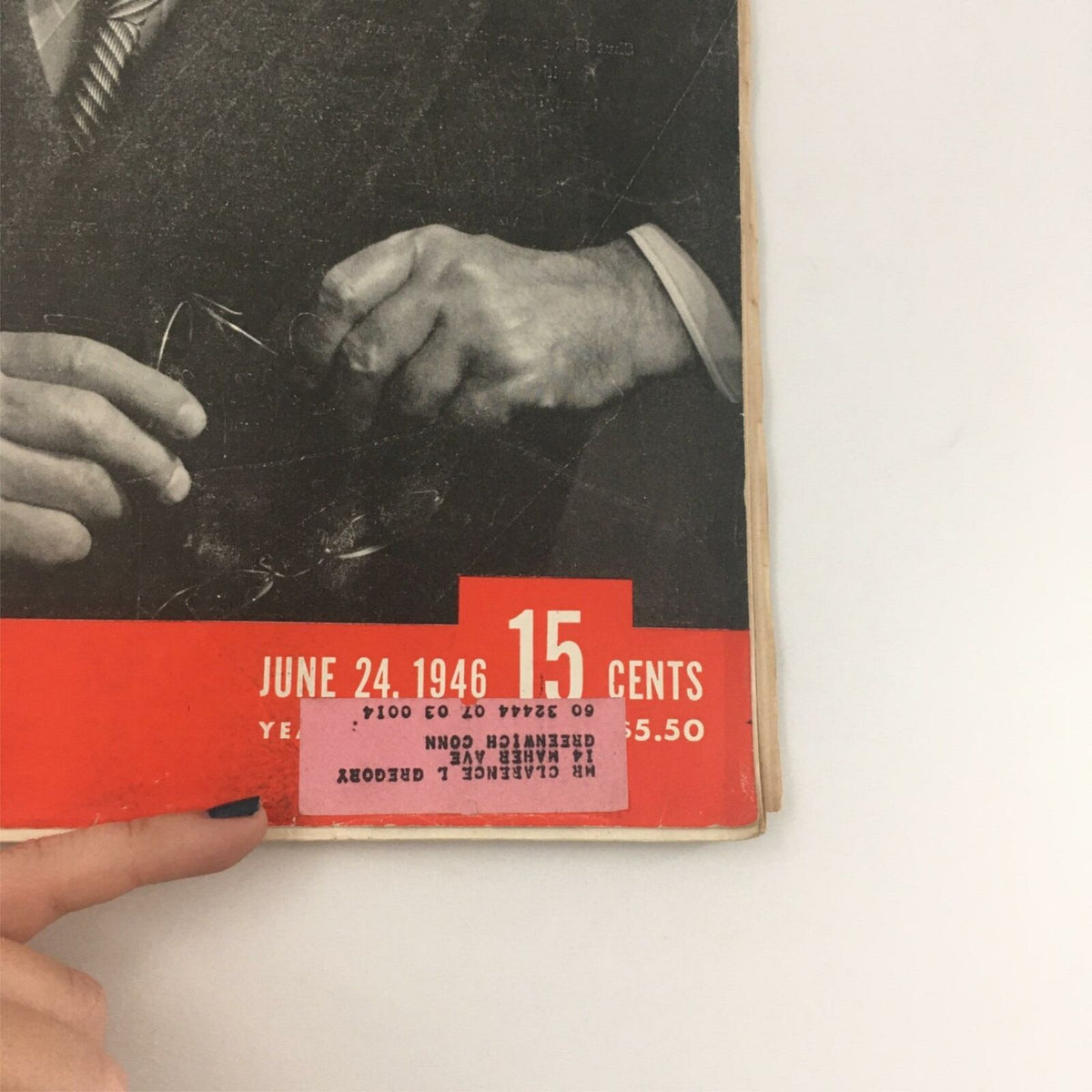 Close-up view of the cover of Life Magazine dated June 24, 1946, featuring a prominent date stamp and the price tag of 15 cents, highlighting the Chief Justice of the United States, Fred Vinson.