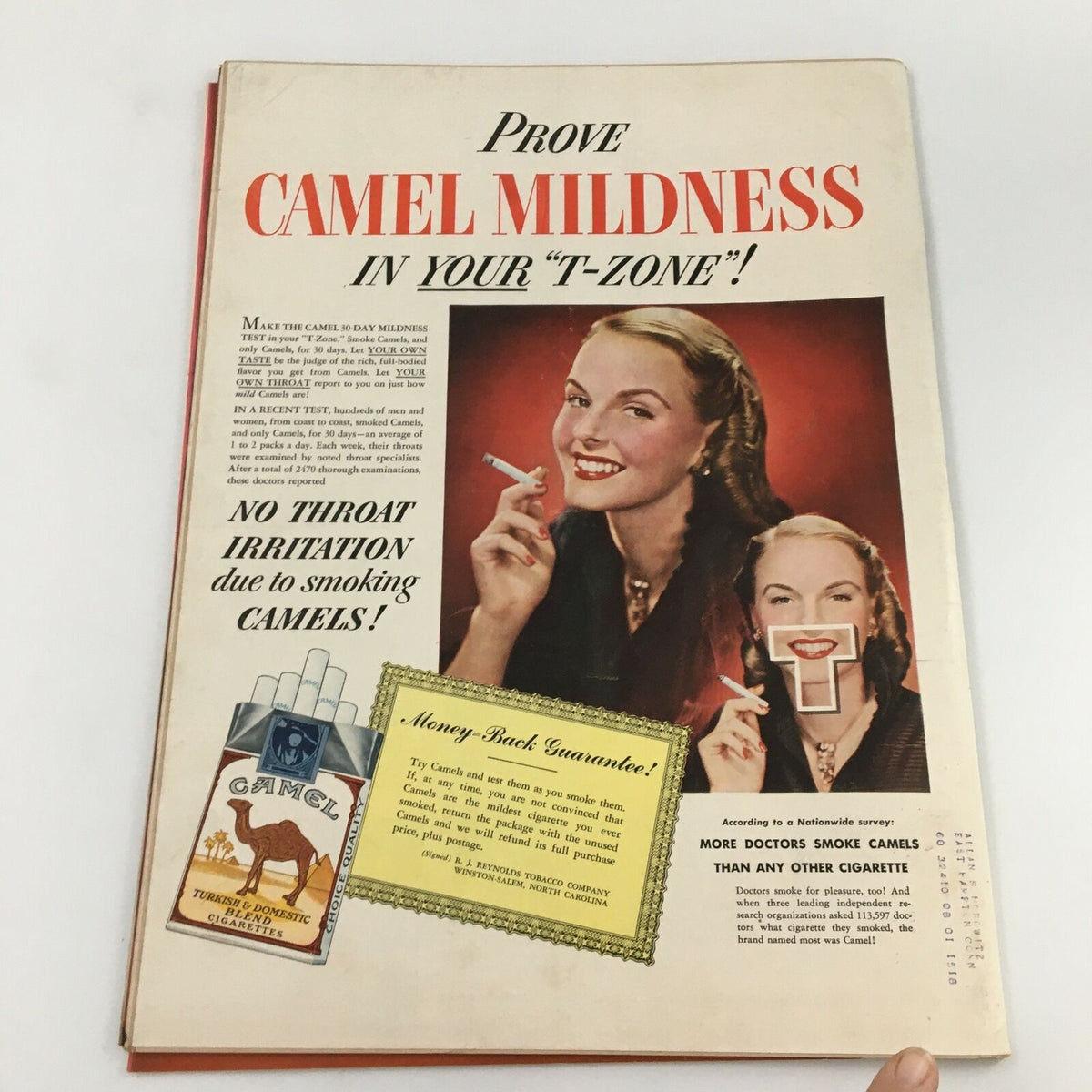 Back cover of VTG Life Magazine from January 17, 1949 showcasing an advertisement for Camel cigarettes. The ad features two women, one holding a cigarette, promoting the brand's mildness with a vivid and engaging design.