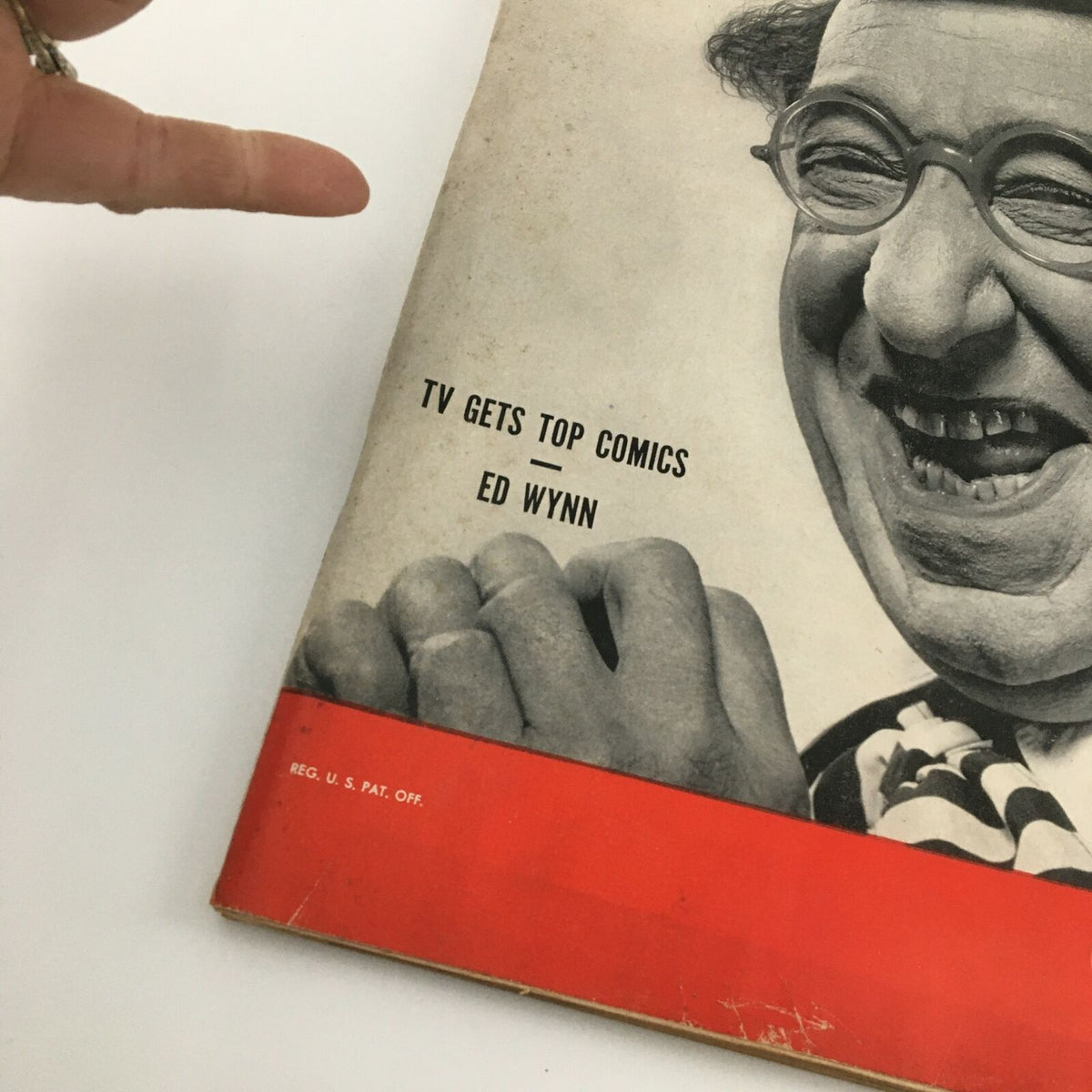 Detail of the VTG Life Magazine October 23 1950 cover, focusing on Ed Wynn, noted comic, with text stating 'TV Gets Top Comics'.