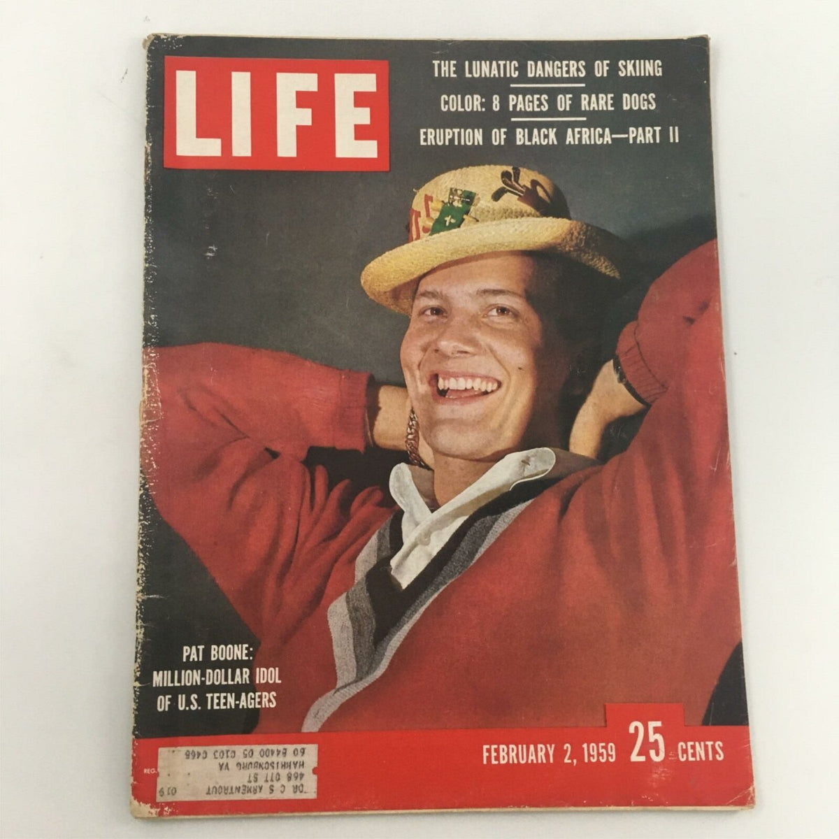 Cover of VTG Life Magazine February 2, 1959 featuring Pat Boone: Million-Dollar Idol of U.S. Teen-Agers, showcasing vintage style and pop culture memorabilia.