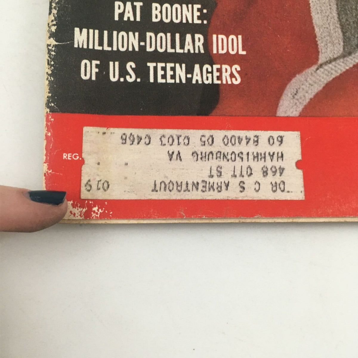 Close-up of the address label on the back cover of VTG Life Magazine February 2, 1959 featuring Pat Boone: Million-Dollar Idol of U.S. Teen-Agers, highlighting its authenticity.