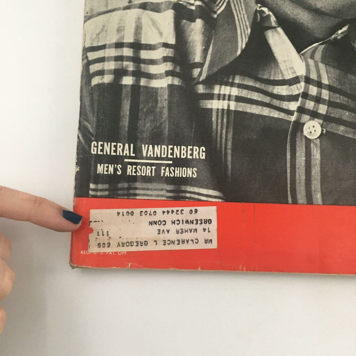 Close-up detail of the cover of VTG Life Magazine December 5, 1949, showing the address label and mention of General Vandenberg.