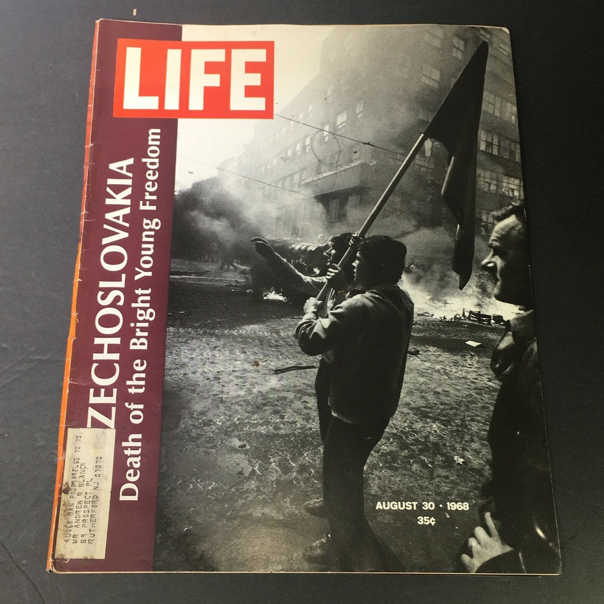 Vintage Life Magazine cover from August 30, 1968, featuring the title 'Death of the Bright Young Freedom' with a dramatic image depicting a protest scene in Czechoslovakia, showcasing historical significance.