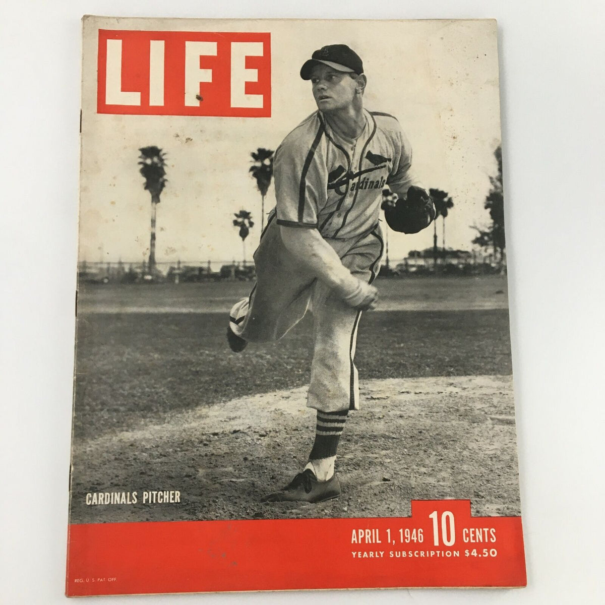 Cover of VTG Life Magazine April 1 1946 featuring Cardinals pitcher Charles Barrett, showcasing vintage sports memorabilia.
