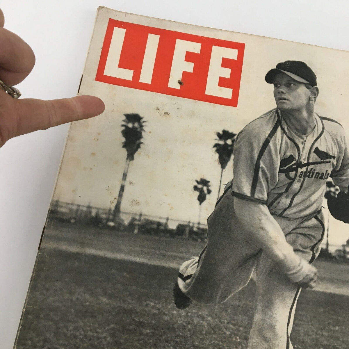 Detailed view of VTG Life Magazine April 1 1946 cover with Cardinals pitcher Charles Barrett, highlighting the vintage condition.
