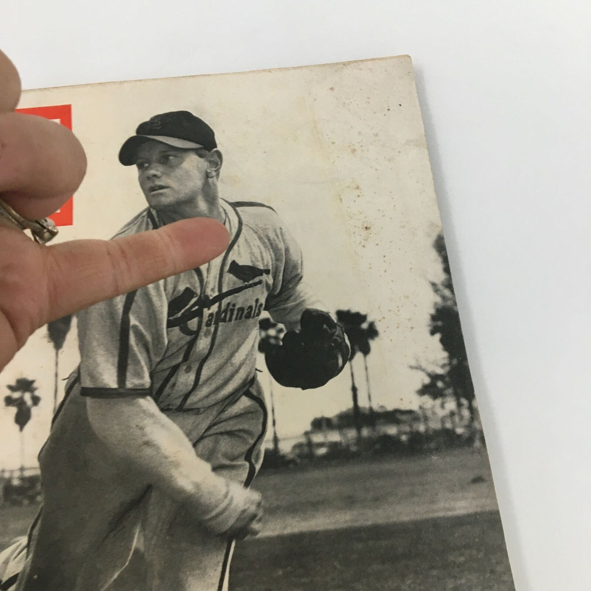 Close-up of VTG Life Magazine April 1 1946 featuring Cardinals pitcher Charles Barrett, pointing out its vintage design and condition.