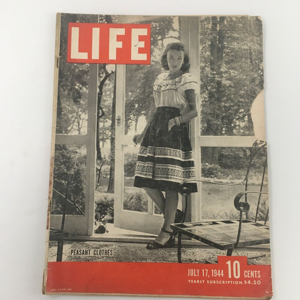 VTG Life Magazine July 17 1944 cover featuring a woman in peasant clothes, showcasing mid-20th century fashion. The magazine is titled 'LIFE' and highlights the date and price.
