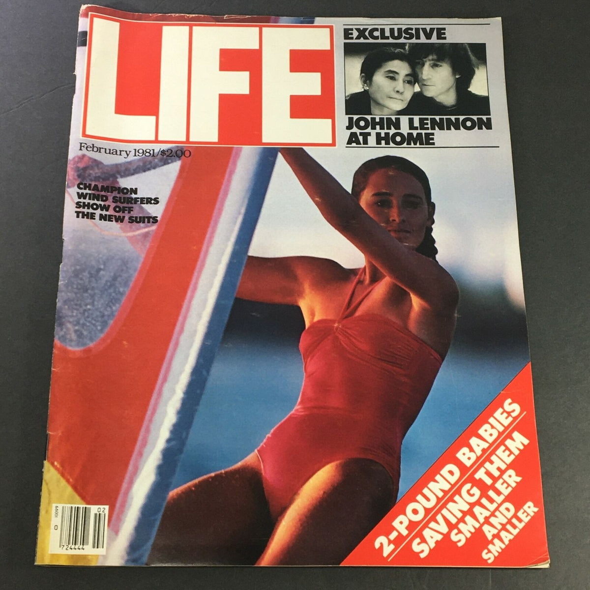 Vintage Life Magazine February 1981 featuring John Lennon and Yoko Ono at home, showcasing an iconic cover with a snapshot of a woman in a red swimsuit, highlighting music history and nostalgia.