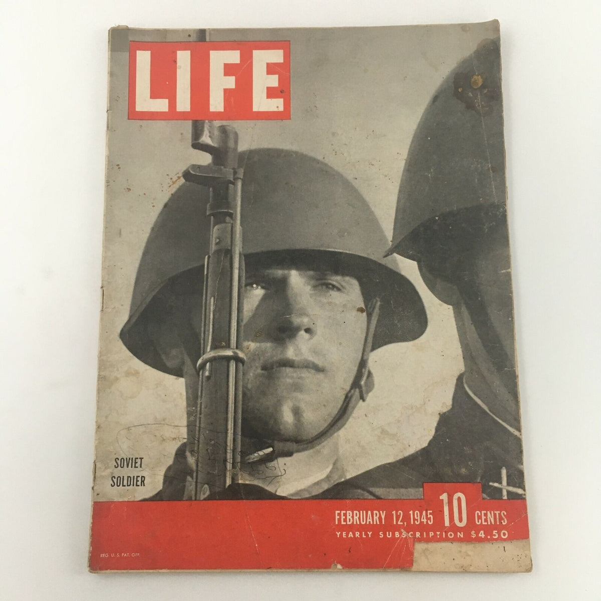 VTG Life Magazine February 12 1945 featuring a Soviet soldier on the cover, showcasing vintage design and historical significance from World War II.