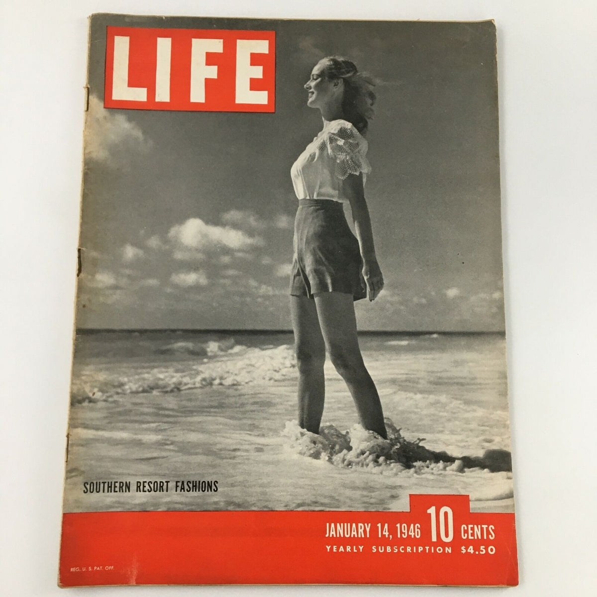 Vintage Life Magazine cover from January 14, 1946 featuring Southern Resort Fashions, showcasing a woman standing in the ocean.