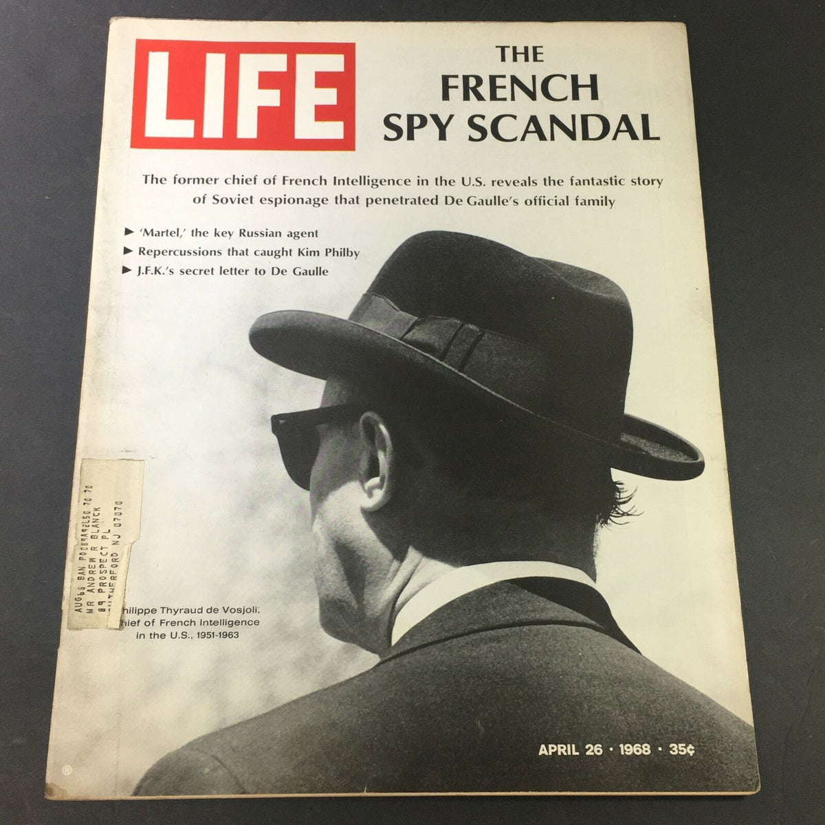 Cover of VTG Life Magazine April 26 1968 featuring article on Philippe Thyraud de Vosjoli and the French spy scandal. The magazine's design highlights the key topics of espionage during the era.