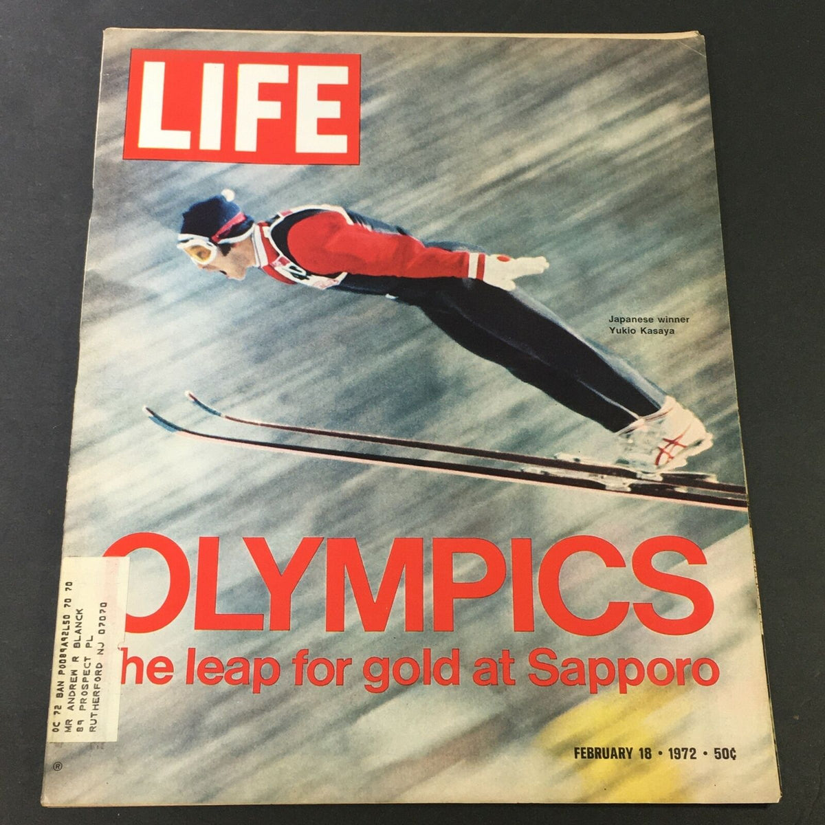 Cover of the VTG Life Magazine February 18, 1972, featuring Olympic winner Yukio Kasaya ski jumping. The cover showcases the title 'LIFE' prominently along with the subtitle 'Olympics: The leap for gold at Sapporo'.