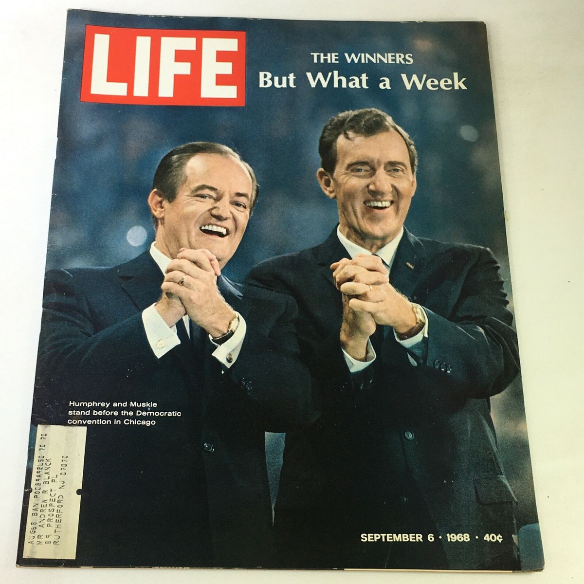 VTG Life Magazine September 6 1968 cover featuring Hubert Humphrey and Edmund Muskie, showcasing their smiles and political unity at the Democratic convention in Chicago.