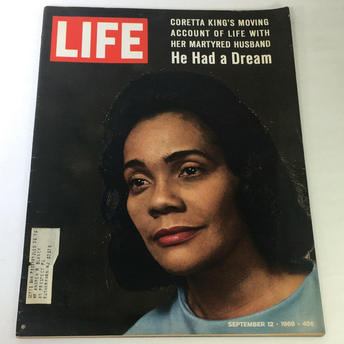 Cover of VTG Life Magazine from September 12, 1969 featuring Coretta King's moving account of life with her martyred husband, highlighting significant historical narratives.