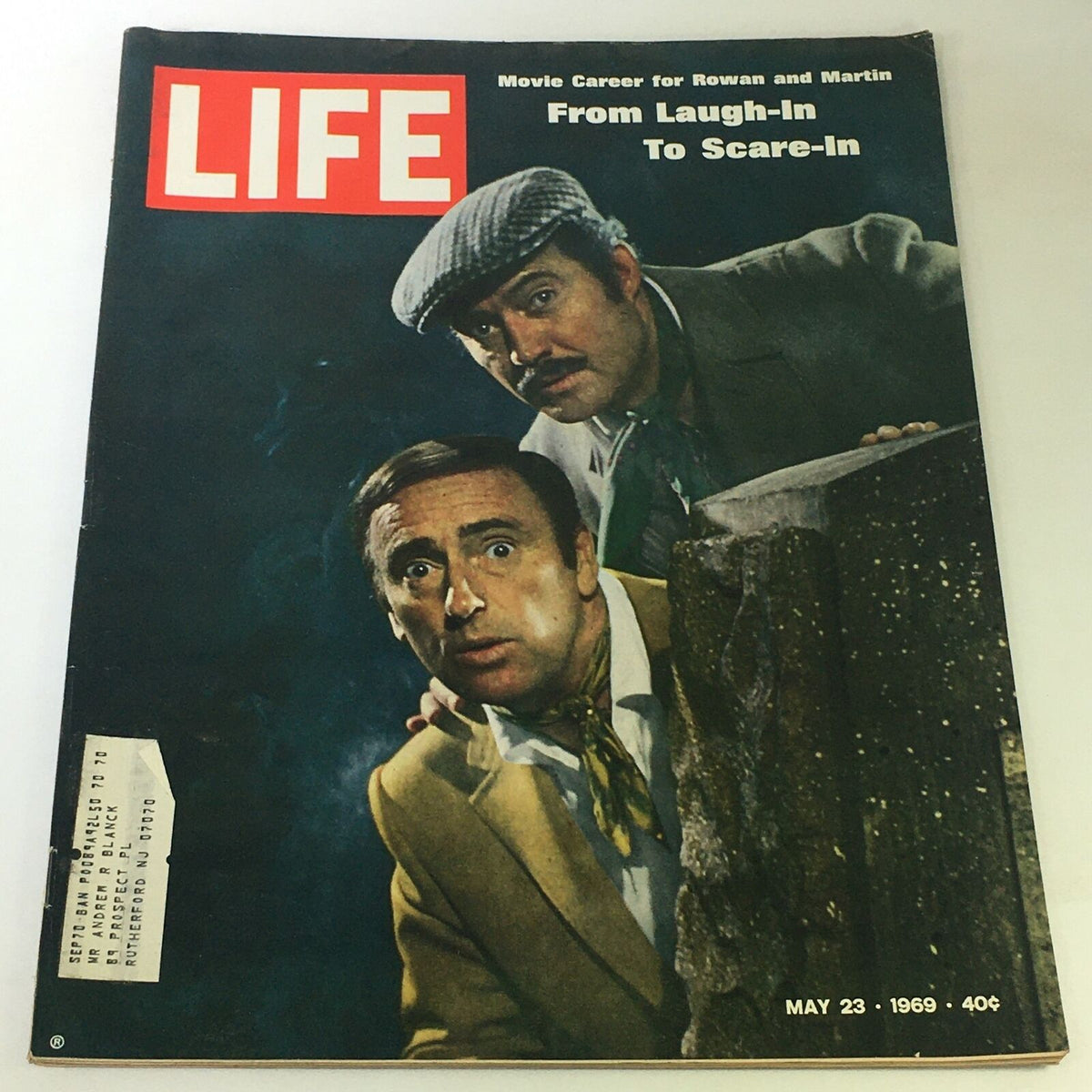 Cover of Life Magazine from May 23, 1969, featuring Rowan & Martin with the title 'From Laugh-In to Scare-In', showcasing their comedic career transition.