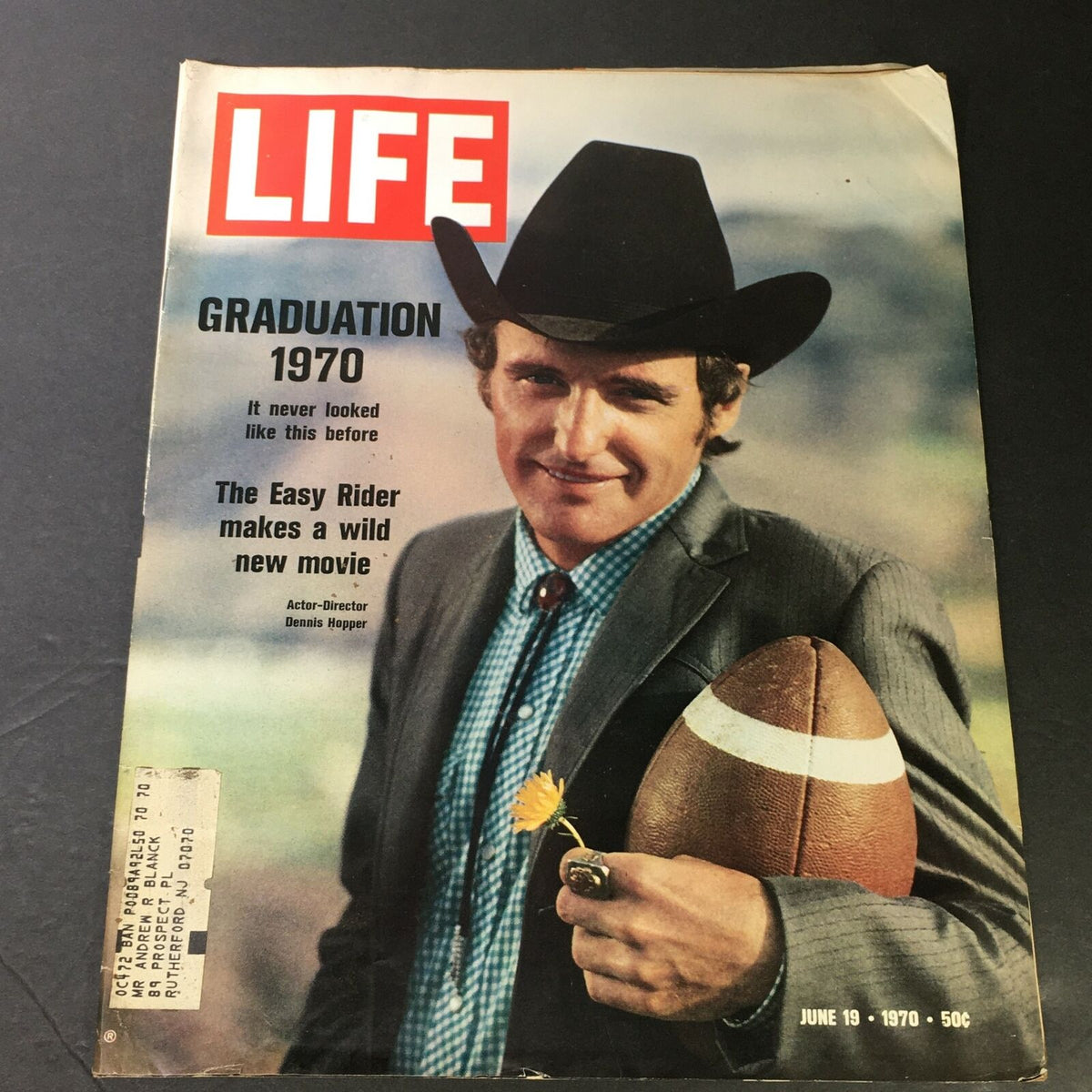 Cover of VTG Life Magazine June 19 1970 featuring actor-director Dennis Hopper with a football, celebrating graduation 1970.