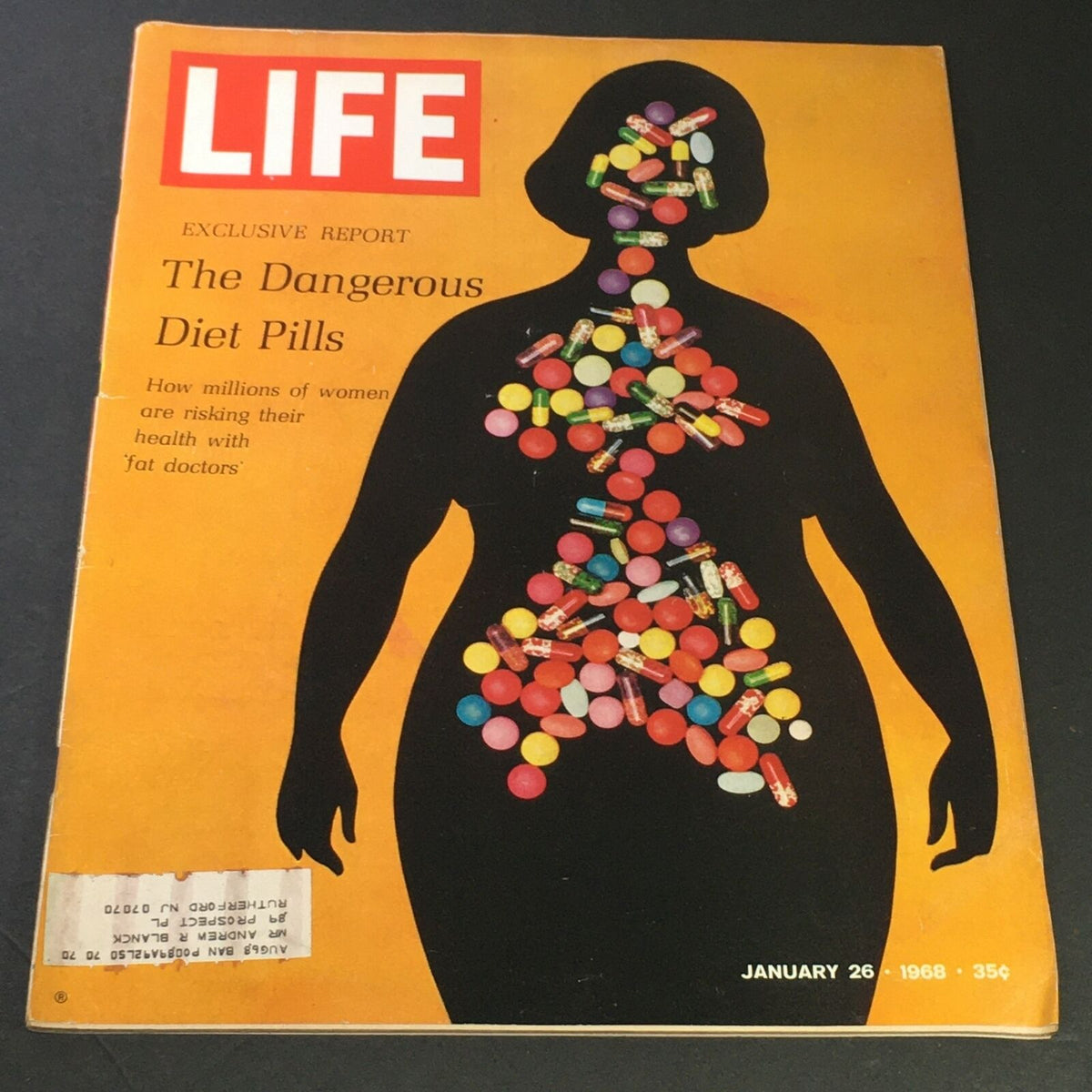Vintage Life Magazine cover from January 26, 1968, featuring an exclusive report on The Dangerous Diet Pills, depicting a silhouette of a woman with colorful pills.