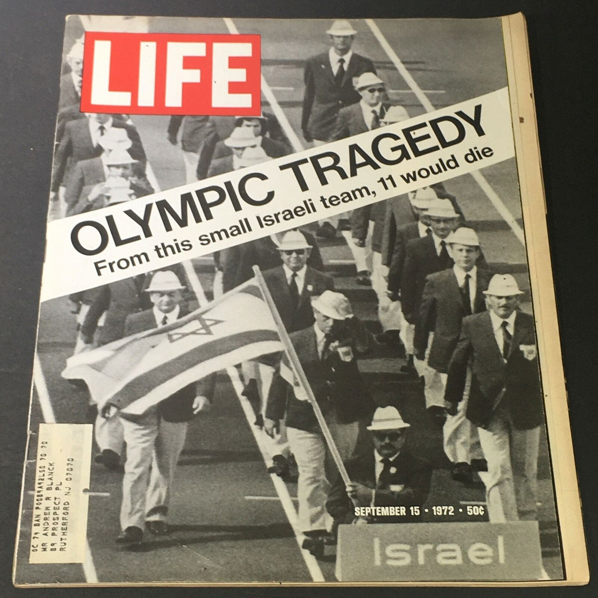 VTG Life Magazine September 15, 1972, featuring the cover story 'Olympic Tragedy' about the small Israeli team, with a historic image of Israeli athletes at the Munich Olympics.