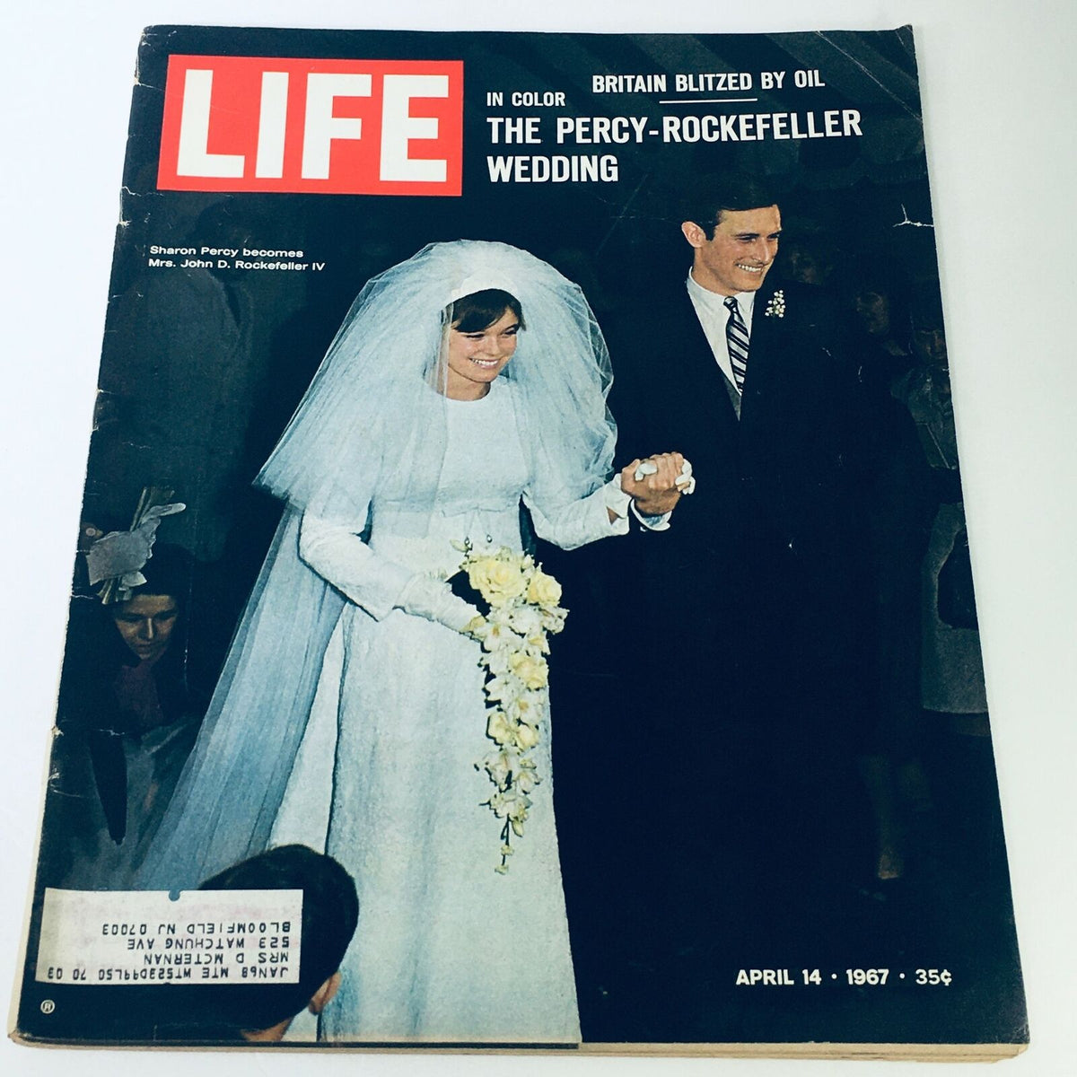 Cover image of VTG Life Magazine from April 14, 1967 featuring the headline 'Britain Blitzed By Oil' and 'The Percy-Rockefeller Wedding', showcasing a couple in wedding attire.