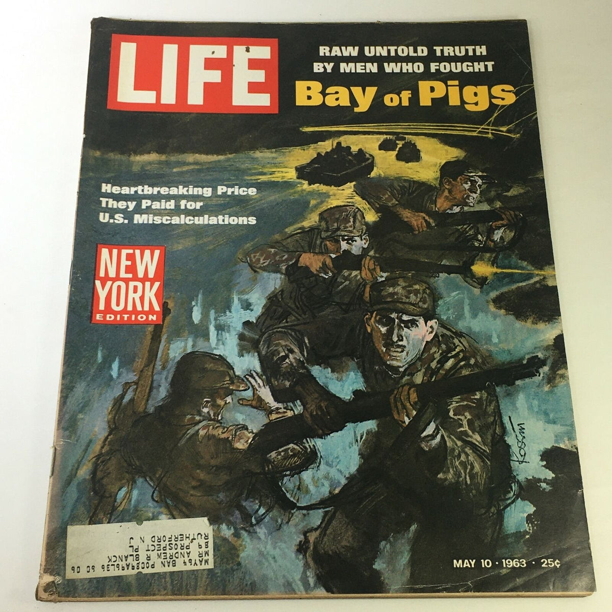 Vintage Life Magazine from May 10, 1963, featuring the cover story 'Raw Untold Truth Who Fought: Bay of Pigs.' The cover illustration depicts soldiers engaged in action, highlighting a pivotal moment in history.