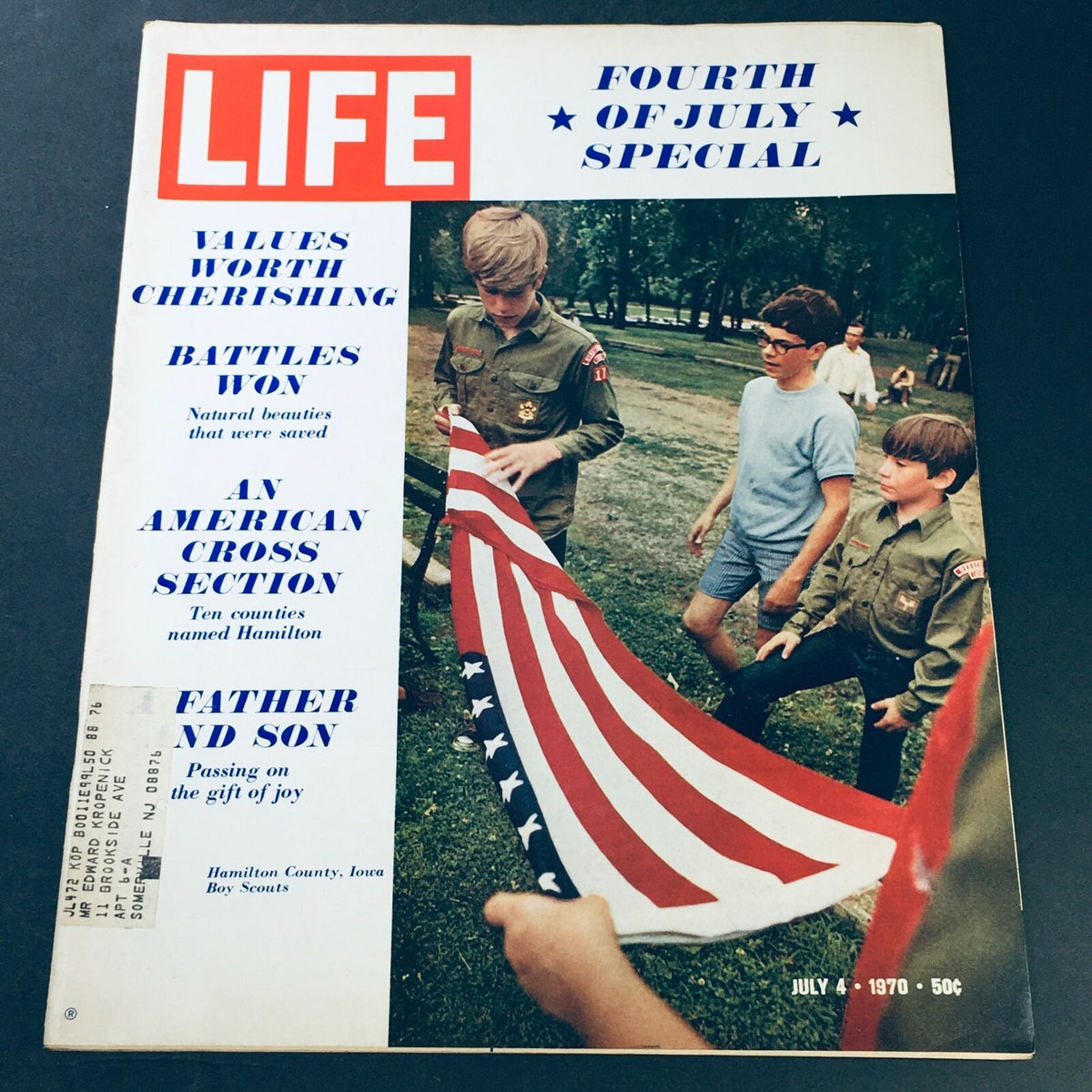 Cover of VTG Life Magazine from July 4, 1970 featuring the title 'An American Cross Section / Father and Son' with a Fourth of July theme, showcasing boys with an American flag.