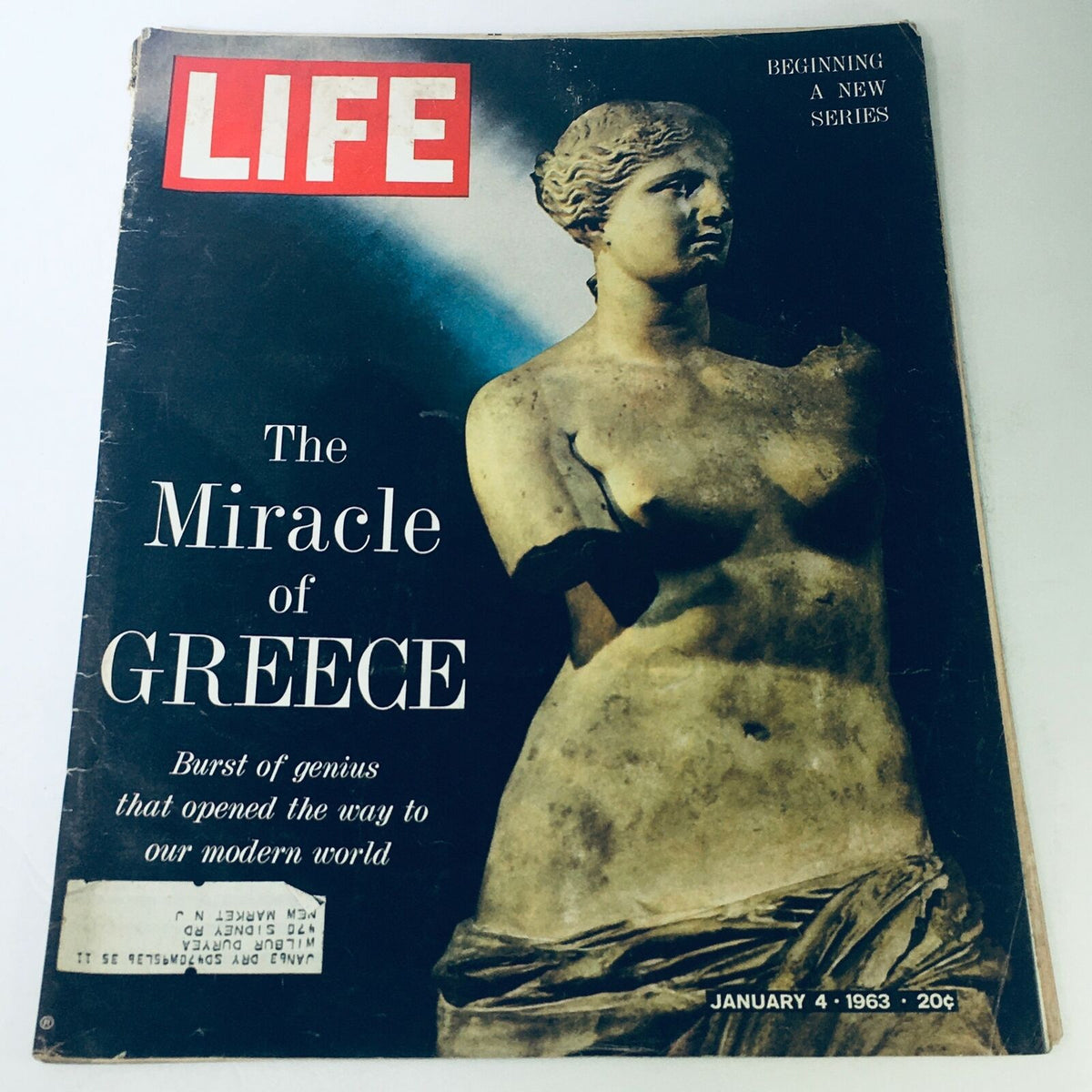 Cover of VTG Life Magazine January 4 1963 featuring the title 'The Miracle of Greece' and a statue, marking the beginning of a new series on Greece.