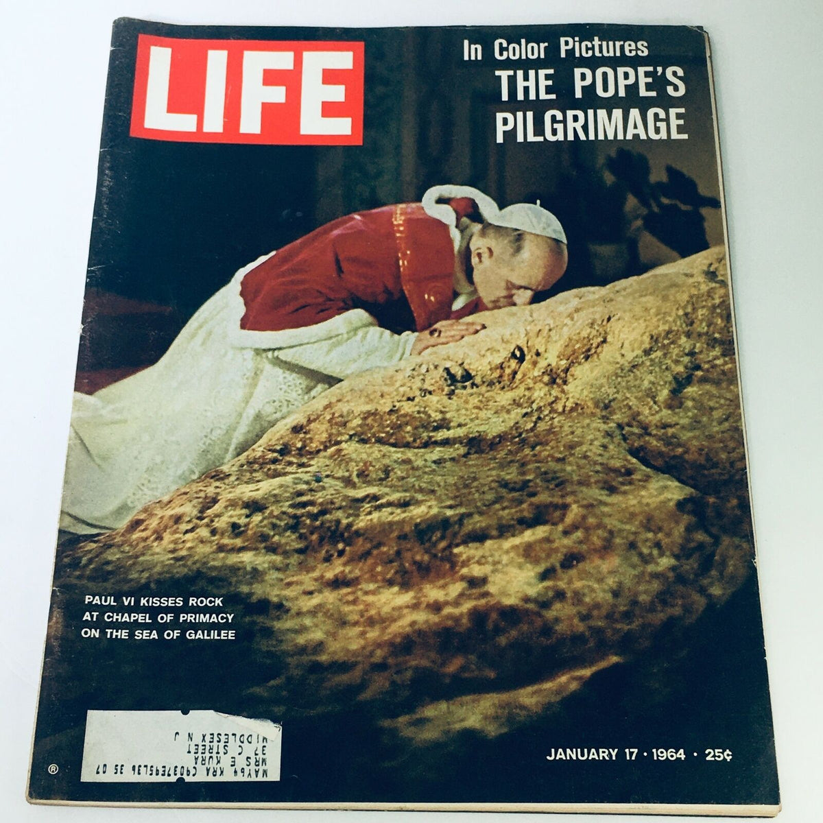 VTG Life Magazine January 17 1964 - Pope Paul VI Kisses Rock at Chapel Primacy, featuring an iconic image of Pope Paul VI in red robes kissing a rock at the Chapel of Primacy on the Sea of Galilee.