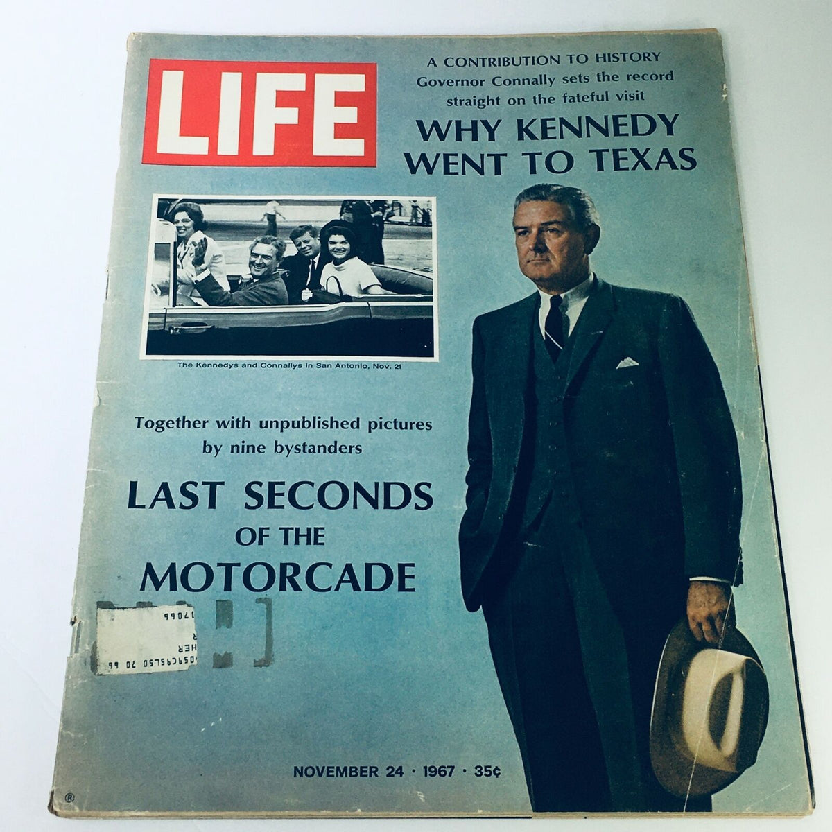 Vintage Life Magazine cover from November 24, 1967 featuring the title 'Why John F. Kennedy Went To Texas?' and images related to the event.