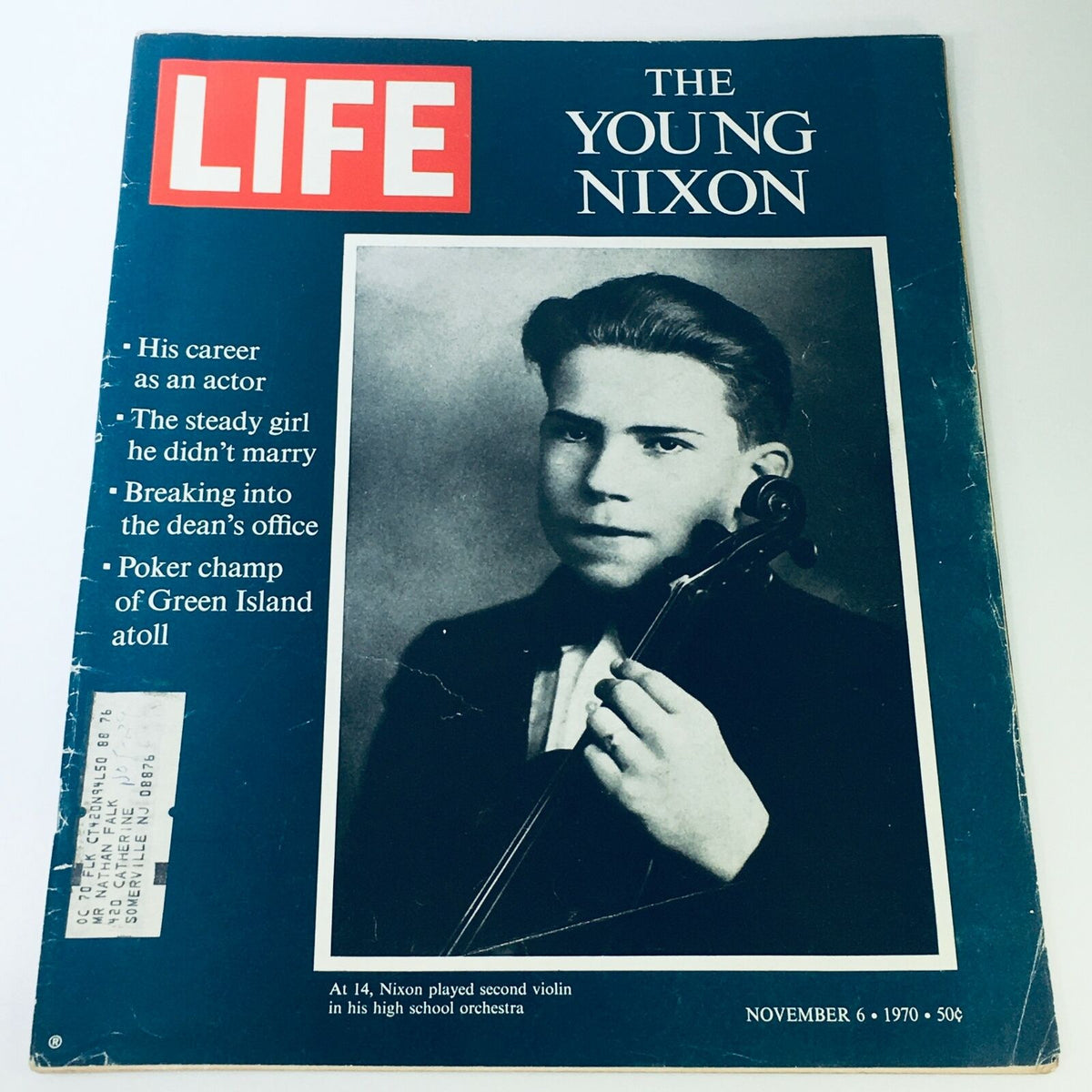 Cover of VTG Life Magazine November 6 1970 featuring Young Richard Nixon holding a violin, highlighting articles about his early life.