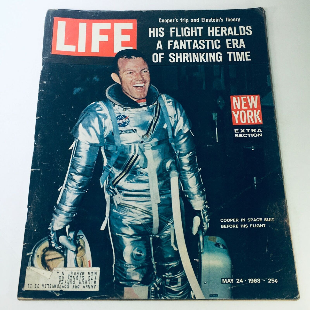 VTG Life Magazine Cover from May 24, 1963 featuring Gordon Cooper in a space suit before his flight, showcasing iconic imagery of the space exploration era.