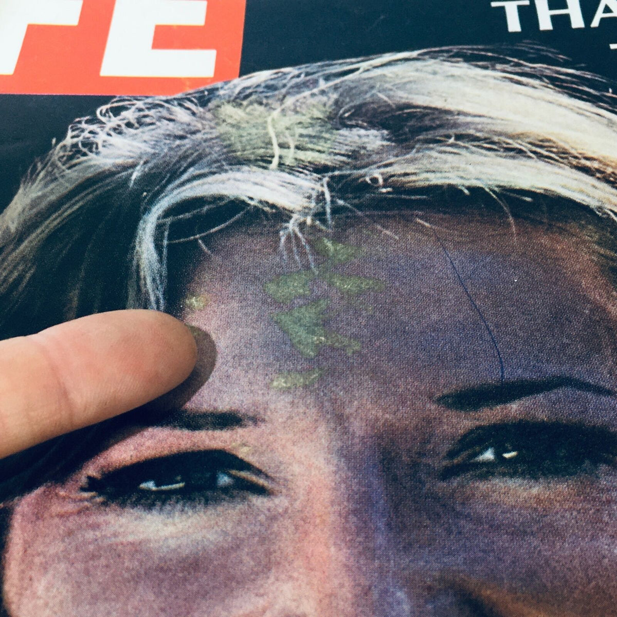 Detail of VTG Life Magazine July 14 1967 cover, revealing some discoloration and marks on Princess Lee Radziwill's forehead.