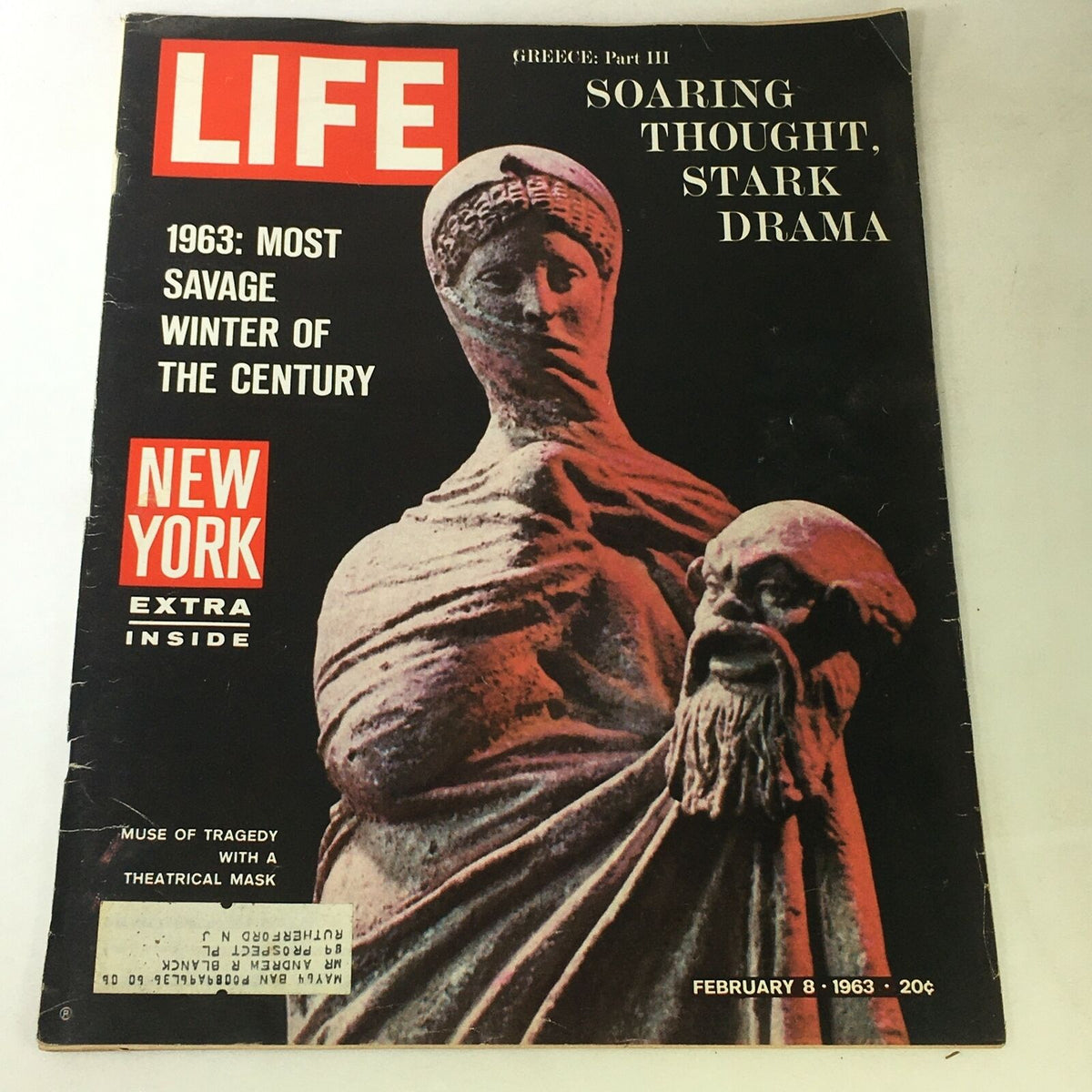 Cover of VTG Life Magazine February 8, 1963 featuring Greece Part III: Soaring Thought, Stark Drama with an image of classic Greek sculptures and text highlighting the topic.